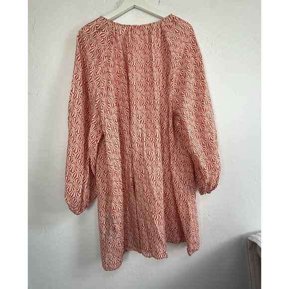 H&M Womens Orange White Deep V-Neck Tunic A-Line Dress XL Balloon Sleeves Boho - Picture 2 of 8